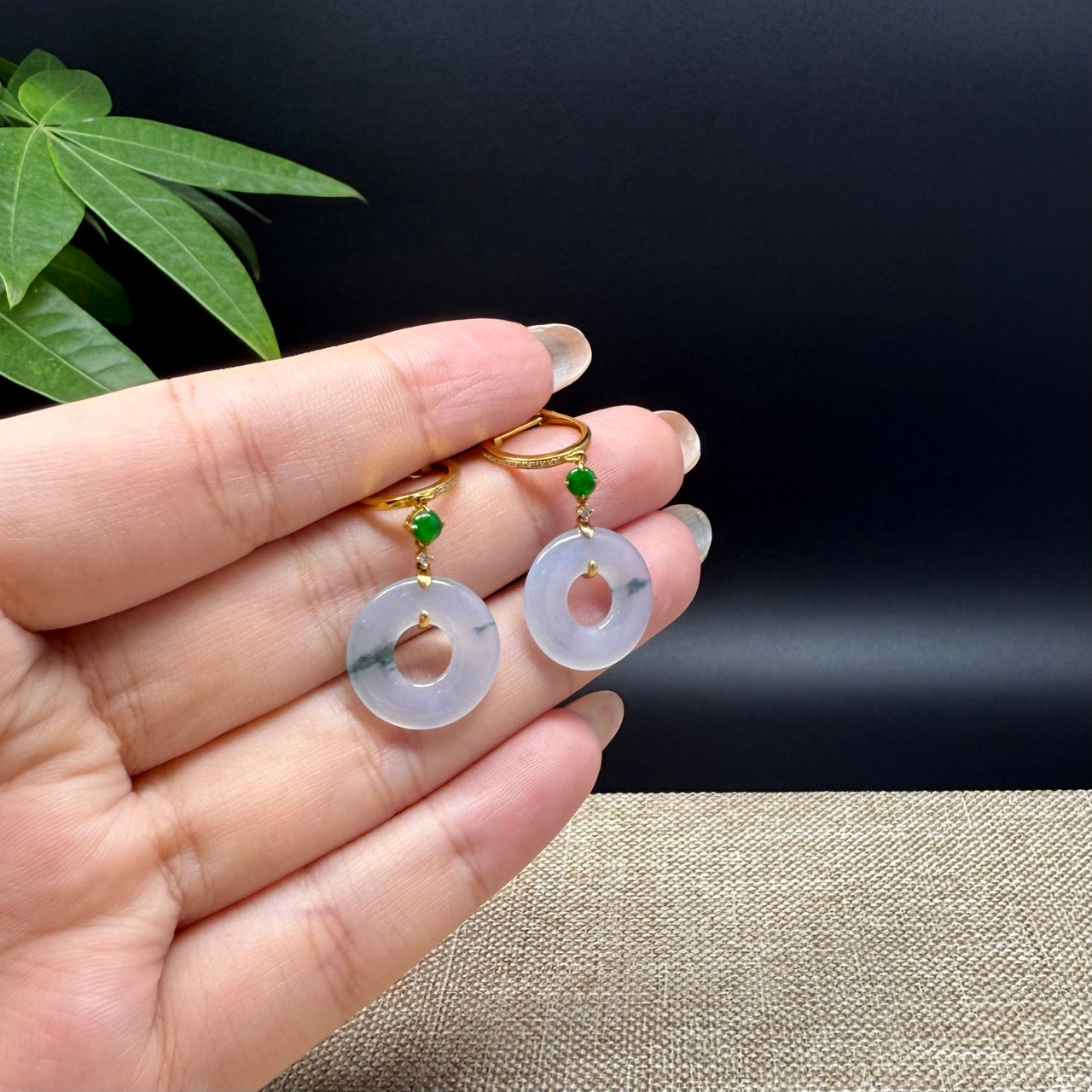 18k Yellow Gold Genuine Icy Green Jadeite Jade Earrings With Diamonds