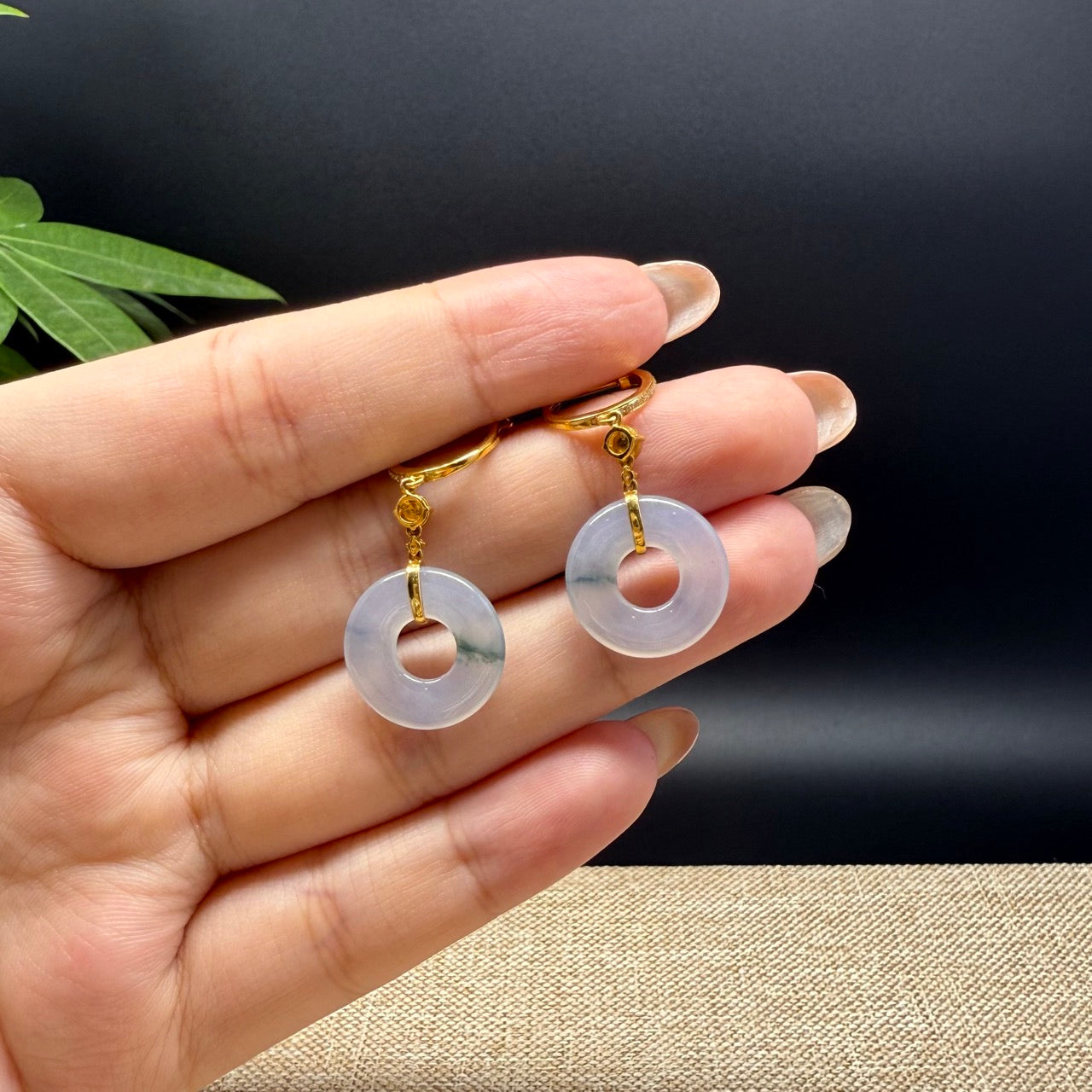 18k Yellow Gold Genuine Icy Green Jadeite Jade Earrings With Diamonds