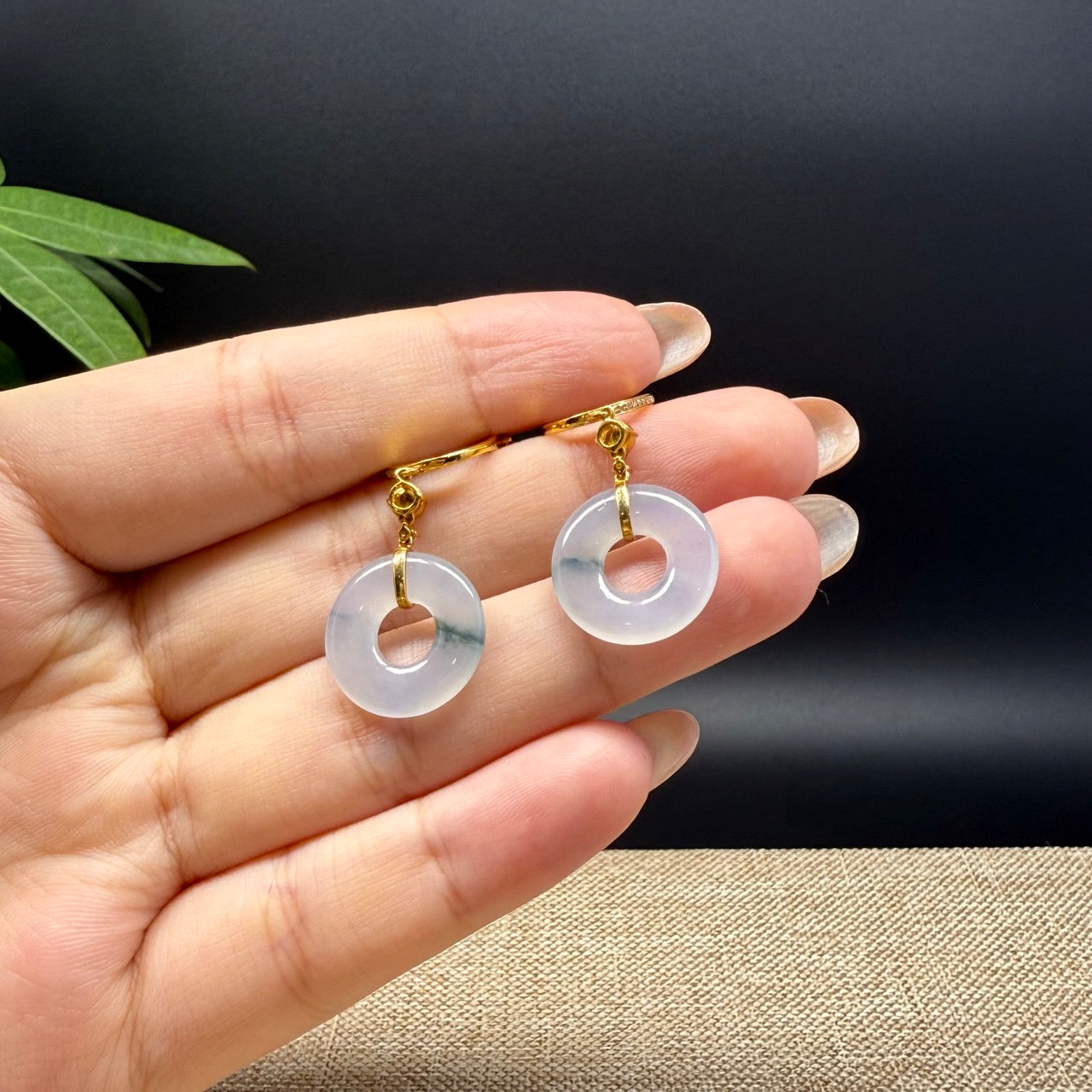 18k Yellow Gold Genuine Icy Green Jadeite Jade Earrings With Diamonds