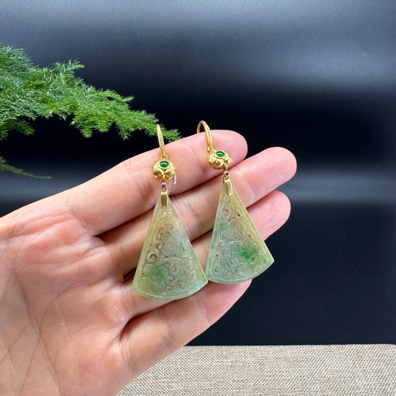 18k Yellow Gold Genuine Icy Yellow Green Jadeite Jade Earrings With Diamonds