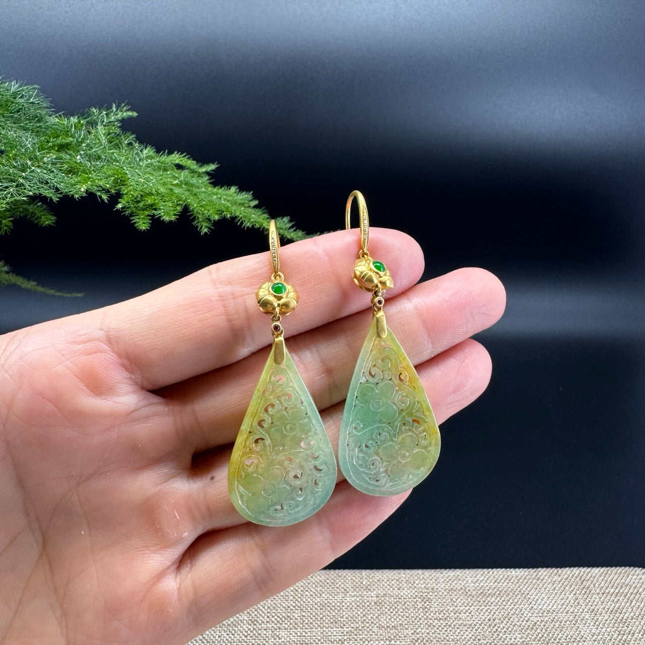18k Yellow Gold Genuine Yellow Green Jadeite Jade Earrings With Diamonds