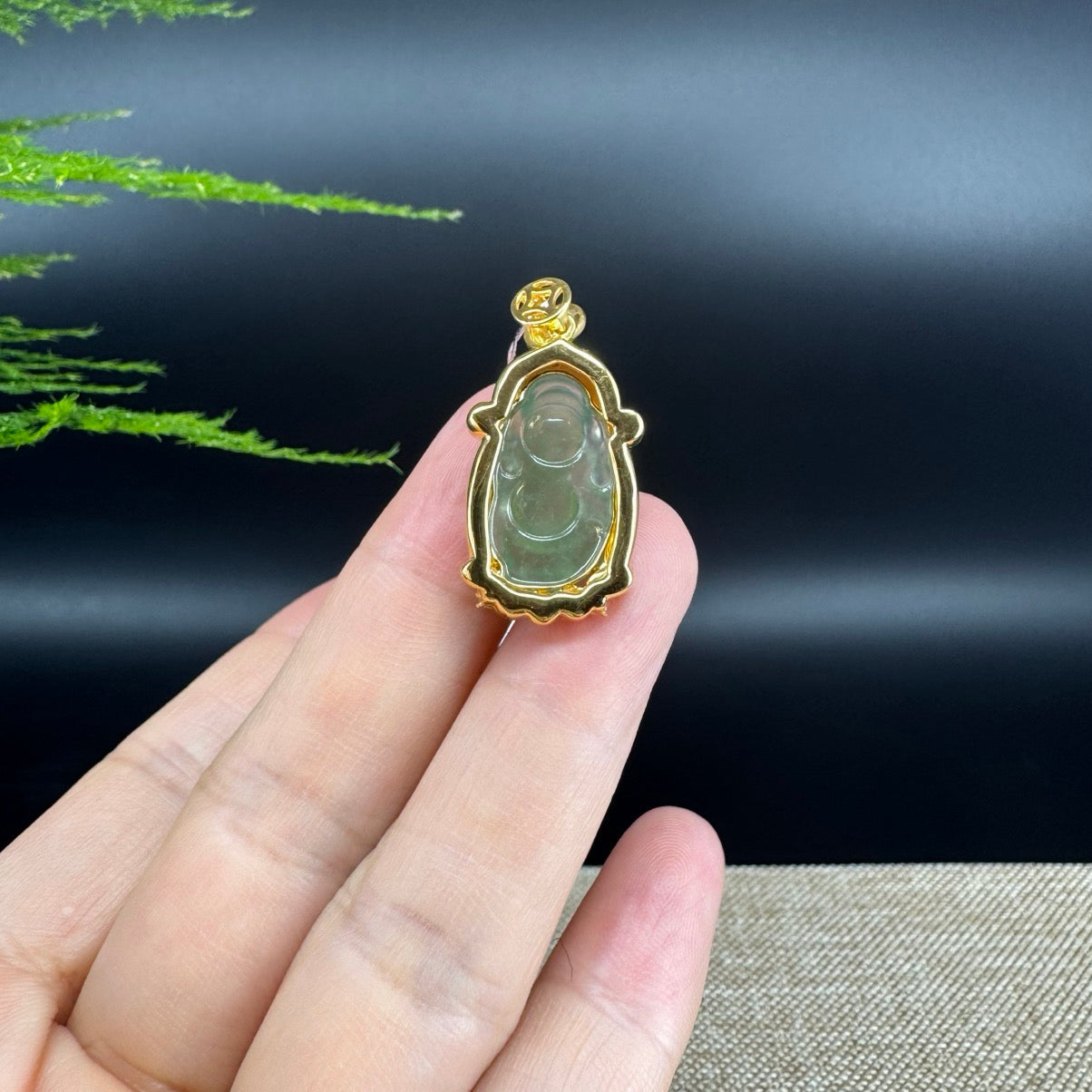 Burmese Icy Green Jadeite Jade Money Saint Pendant With 18K Yellow Gold  Diamonds Bail
