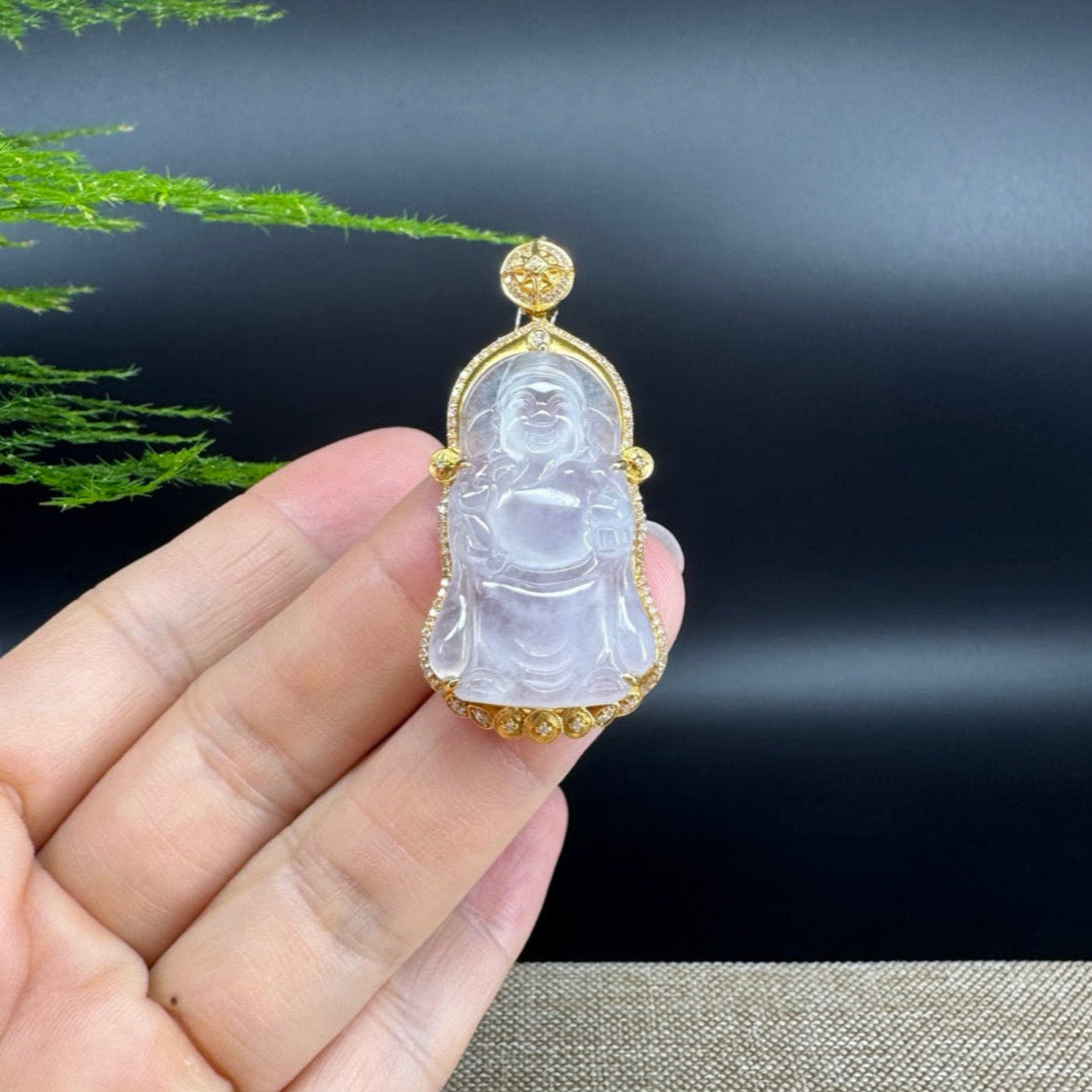 High-end 18K Yellow Gold Burmese Icy Jadeite Jade Money Saint Pendant with Diamonds