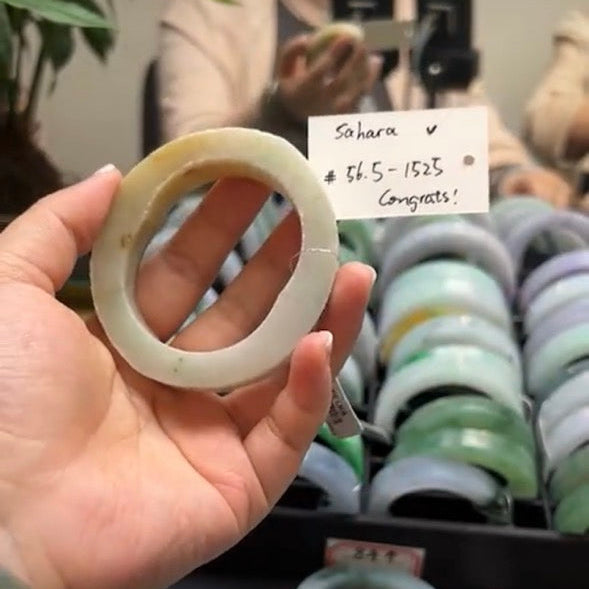 "Live" Natural Light Yellow Jadeite Jade Oval Bangle (05/01/26)