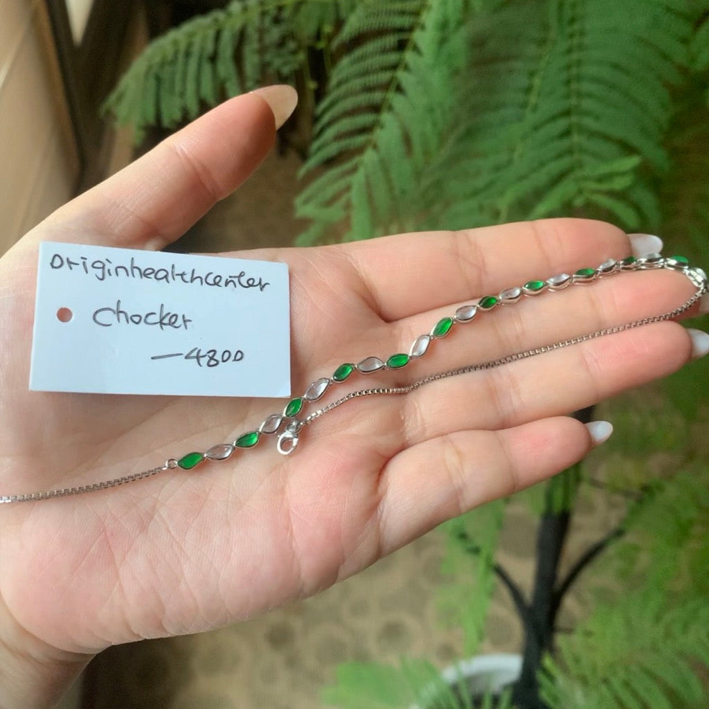 "Live" 18K White Gold Icy And Imperial Green Jadeite Jade Custom Chocker
