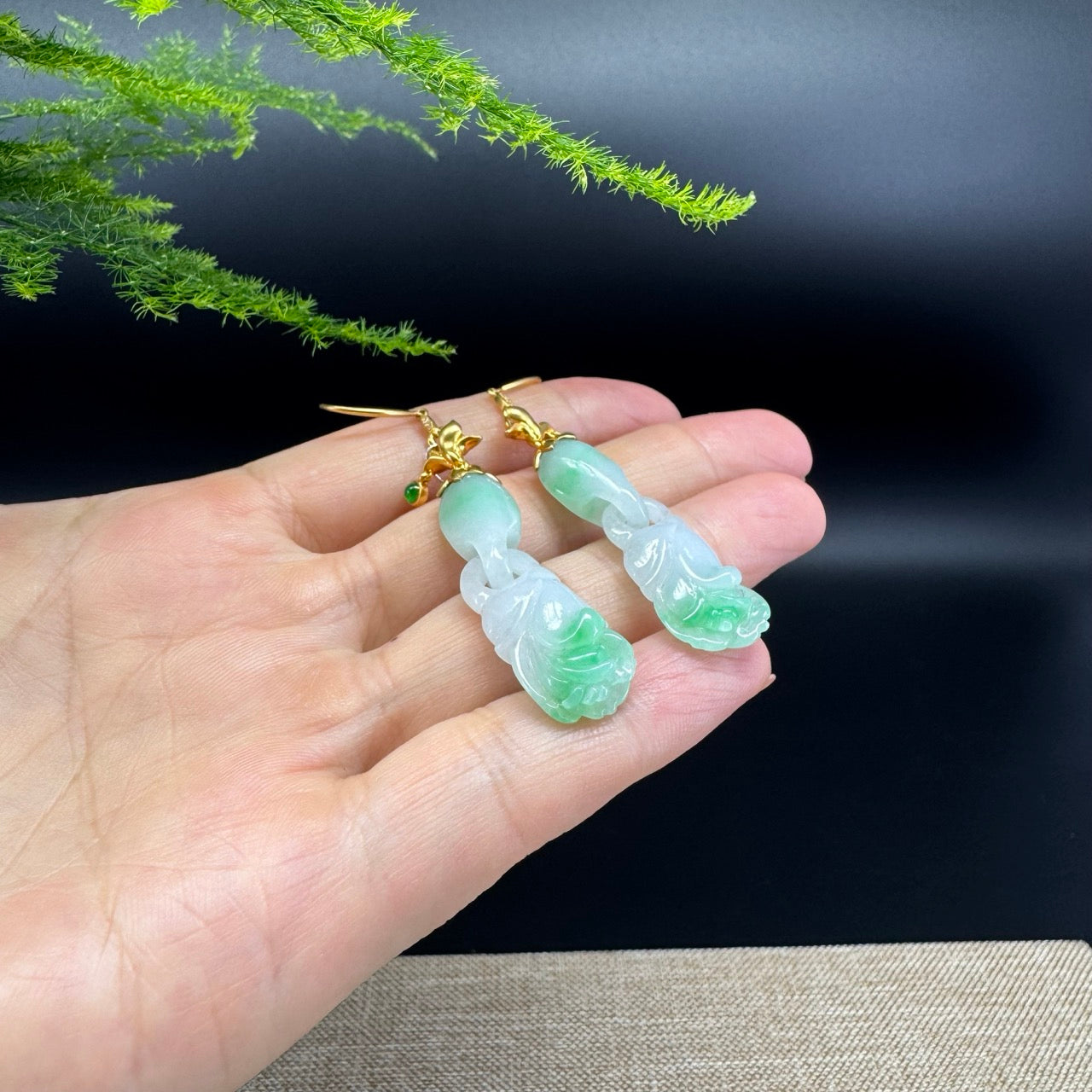 18k Yellow Gold Genuine White Green Jadeite Jade Earrings With Diamonds