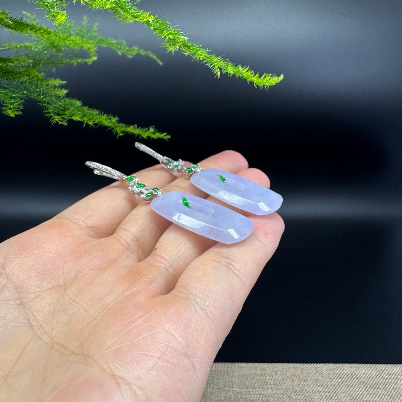 18k White Gold Genuine Lavender KouKou Jadeite Jade Earrings With Diamonds