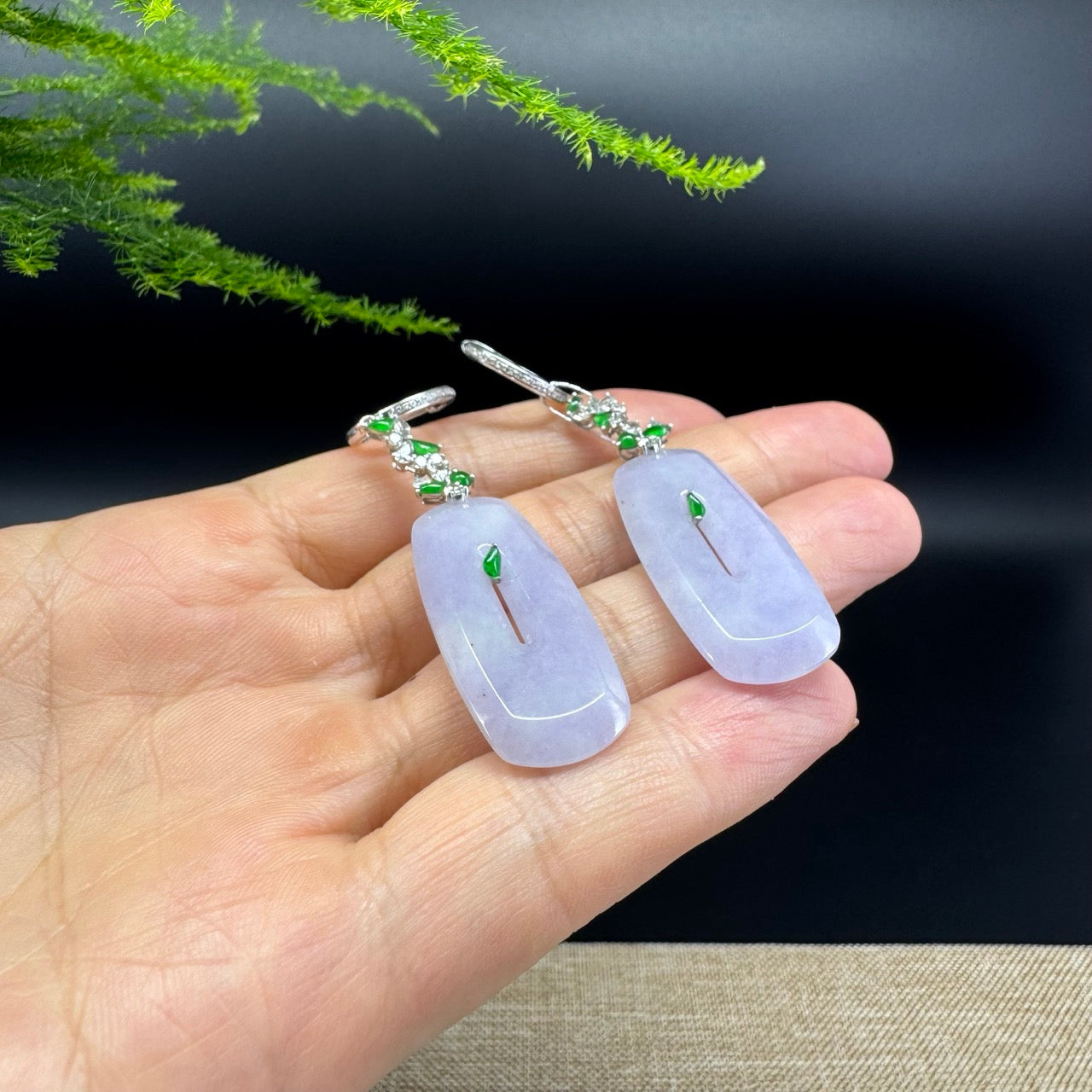 18k White Gold Genuine Lavender KouKou Jadeite Jade Earrings With Diamonds