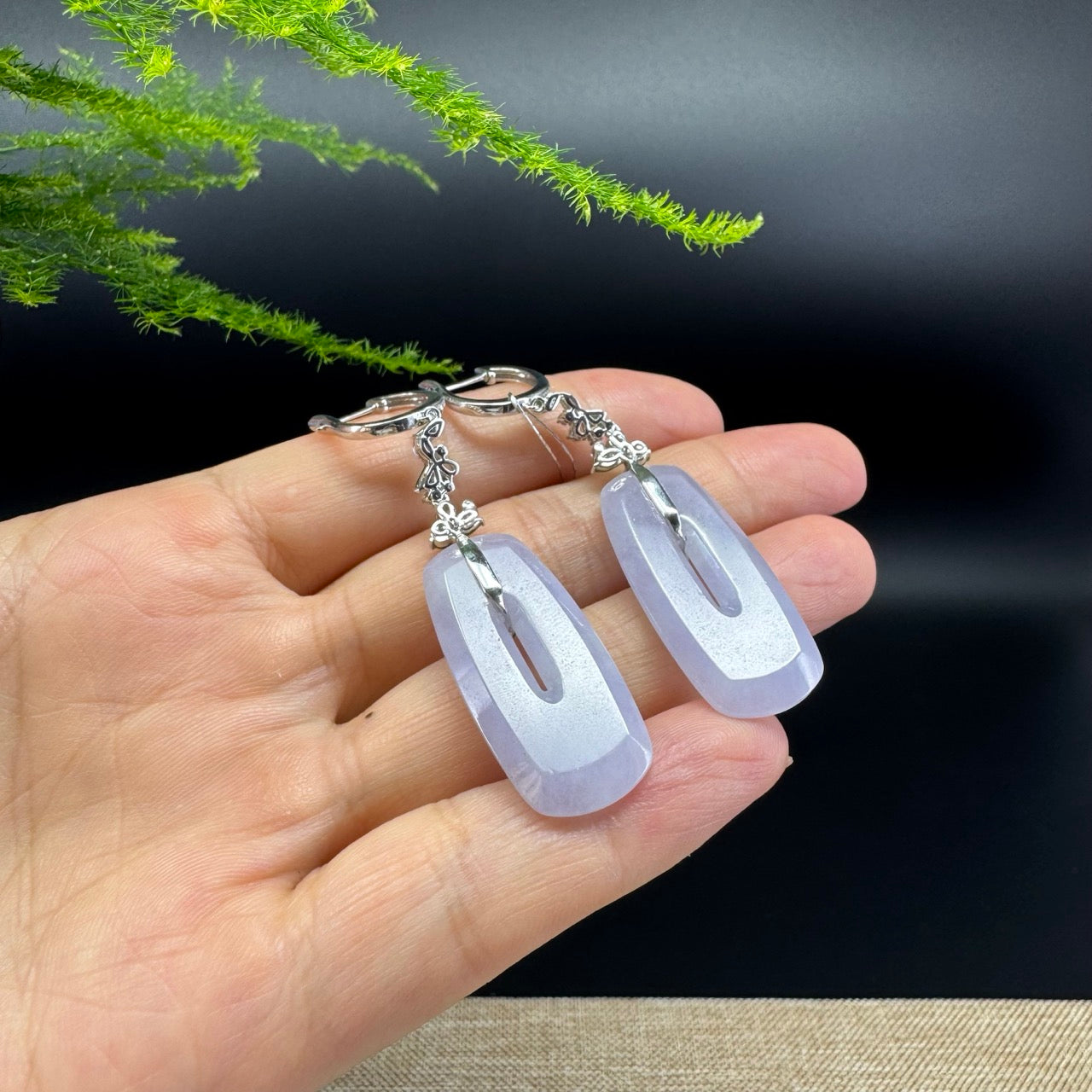18k White Gold Genuine Lavender KouKou Jadeite Jade Earrings With Diamonds