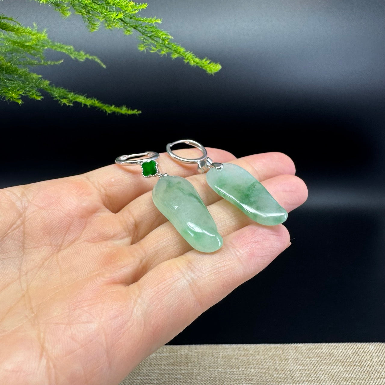 18k White Gold Genuine Icy Green ShouTao Jadeite Jade Earrings With Diamonds