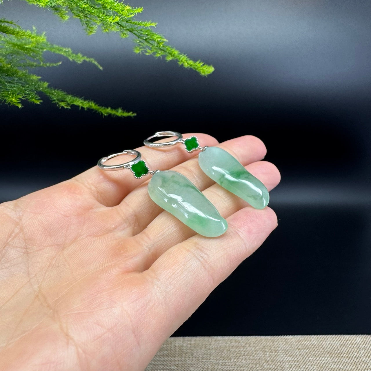18k White Gold Genuine Icy Green ShouTao Jadeite Jade Earrings With Diamonds