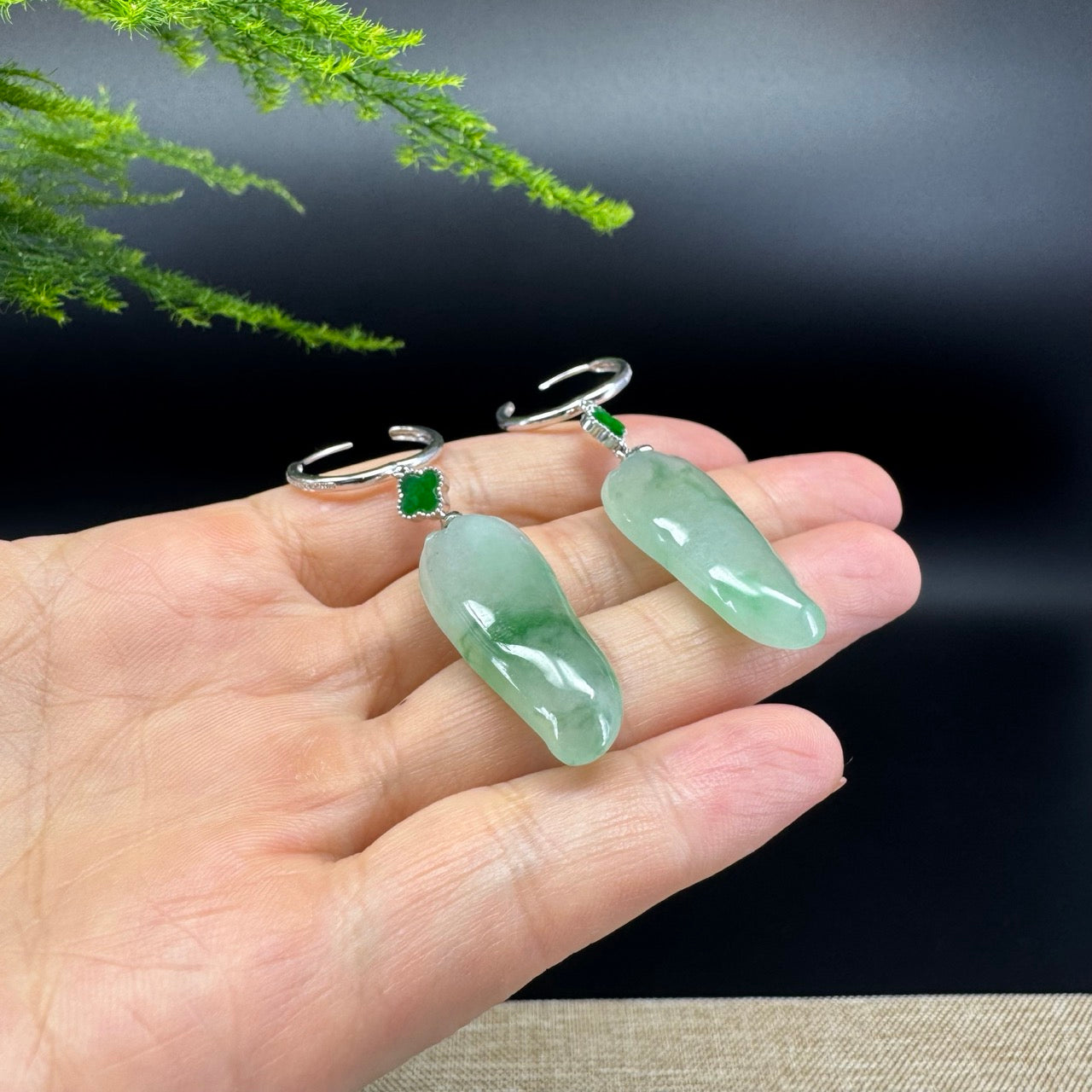 18k White Gold Genuine Icy Green ShouTao Jadeite Jade Earrings With Diamonds