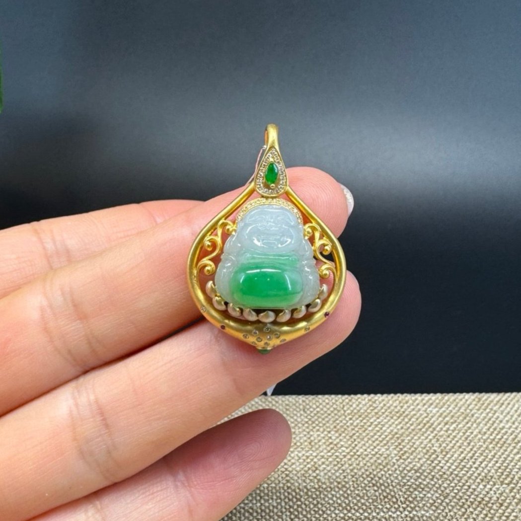 "Happy Buddha" Green Jadeite Jade Happy Buddha Pendant W/ 18K Yellow Gold