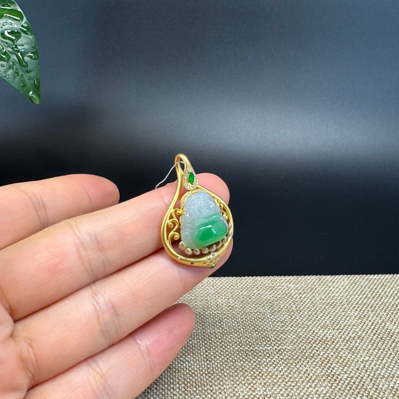 "Happy Buddha" Green Jadeite Jade Happy Buddha Pendant W/ 18K Yellow Gold