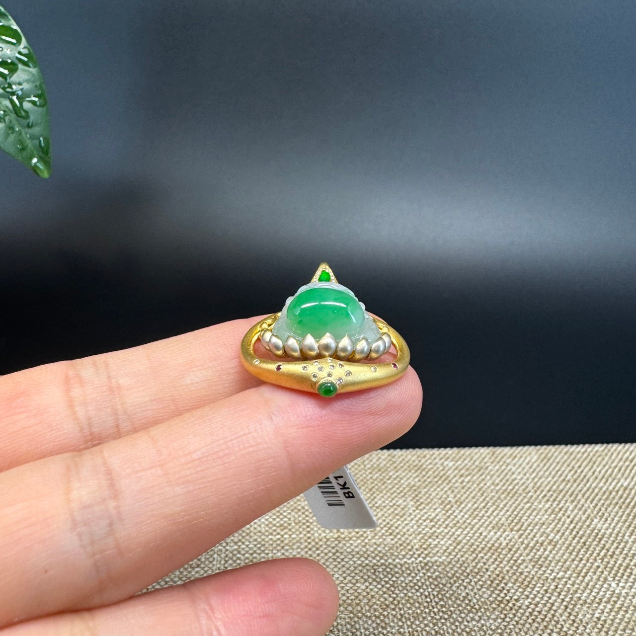 "Happy Buddha" Green Jadeite Jade Happy Buddha Pendant W/ 18K Yellow Gold