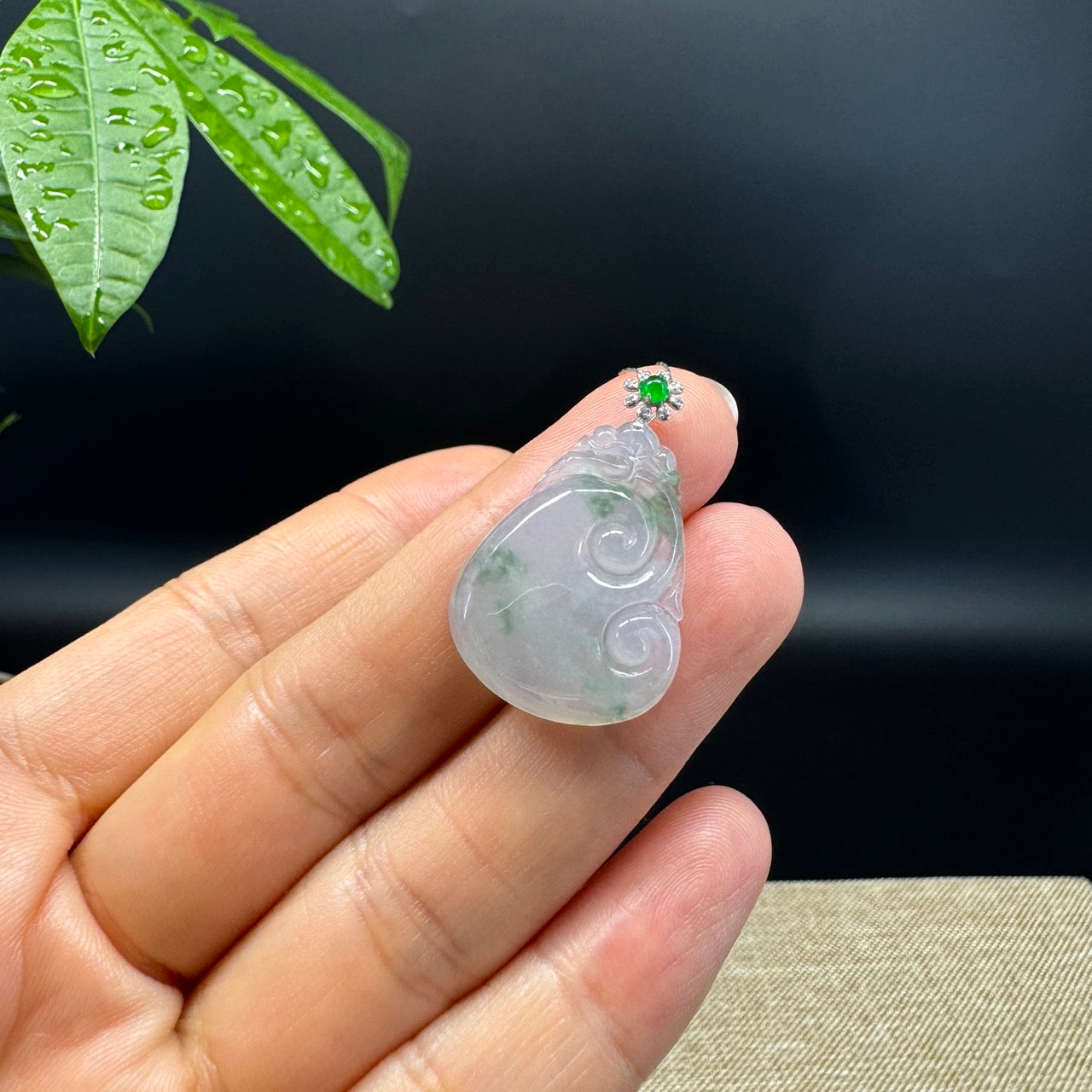 RealJade® Co. Genuine Icy Green Jadeite Jade Good Luck RuYi Necklace With 18K  White Gold Bail