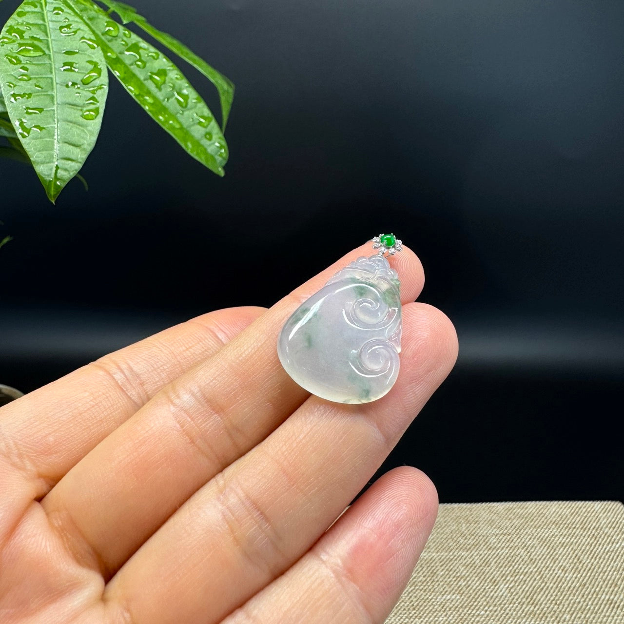 RealJade® Co. Genuine Icy Green Jadeite Jade Good Luck RuYi Necklace With 18K  White Gold Bail