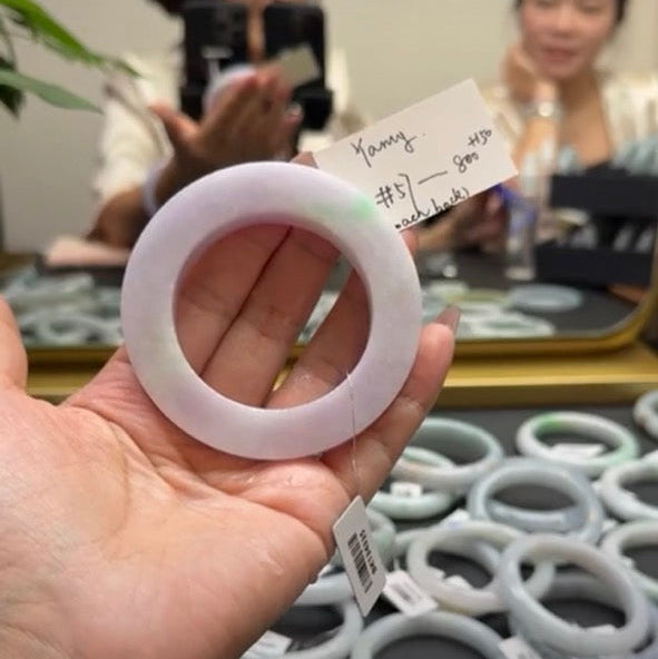"Live" Natural Lavender Green Jadeite Jade Loach Back Bangle(Carving Cherry Blossoms,Final)(05/23/26)