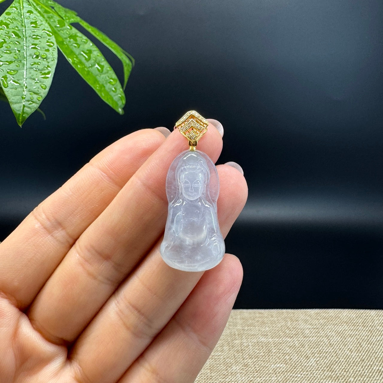 High-end 18KYellow Gold Burmese Icy Jadeite Jade Guanyin Pendant with Diamond