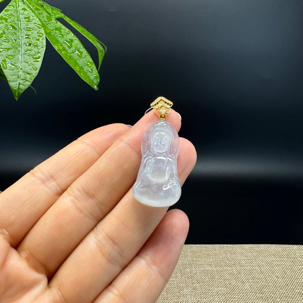 High-end 18KYellow Gold Burmese Icy Jadeite Jade Guanyin Pendant with Diamond