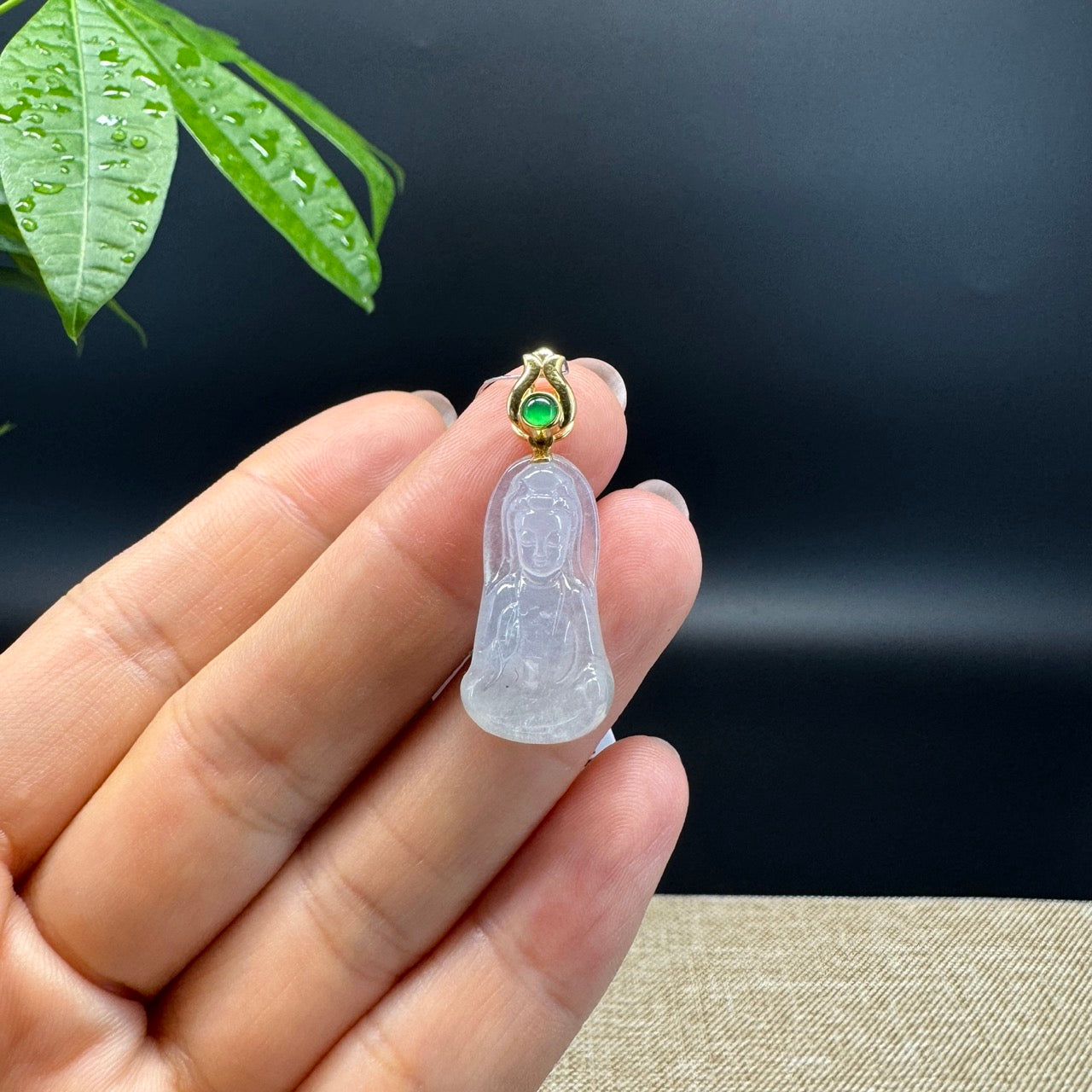 High-end 18K Yellow Gold Burmese Icy Jadeite Jade Guanyin Pendant with Diamond