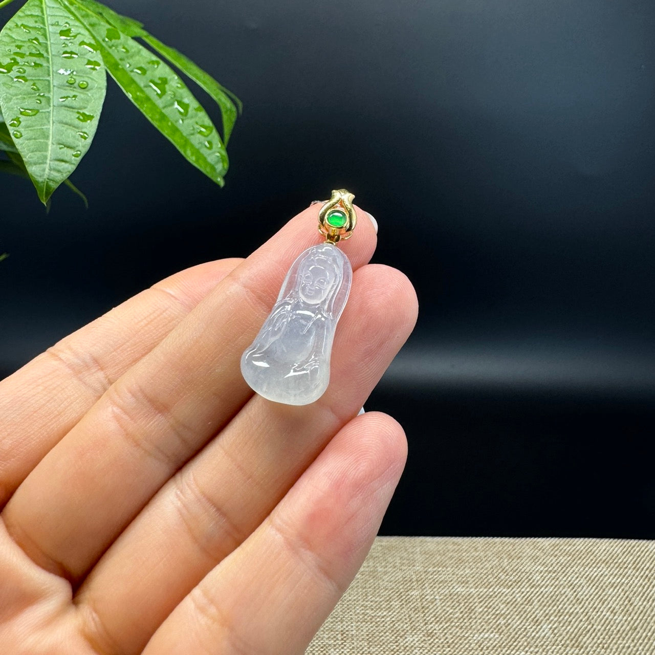 High-end 18K Yellow Gold Burmese Icy Jadeite Jade Guanyin Pendant with Diamond