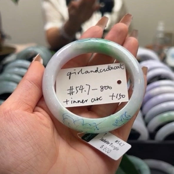 "Live" Natural White Green Jadeite Jade Bangle(Carving,Final)(05/24/26)