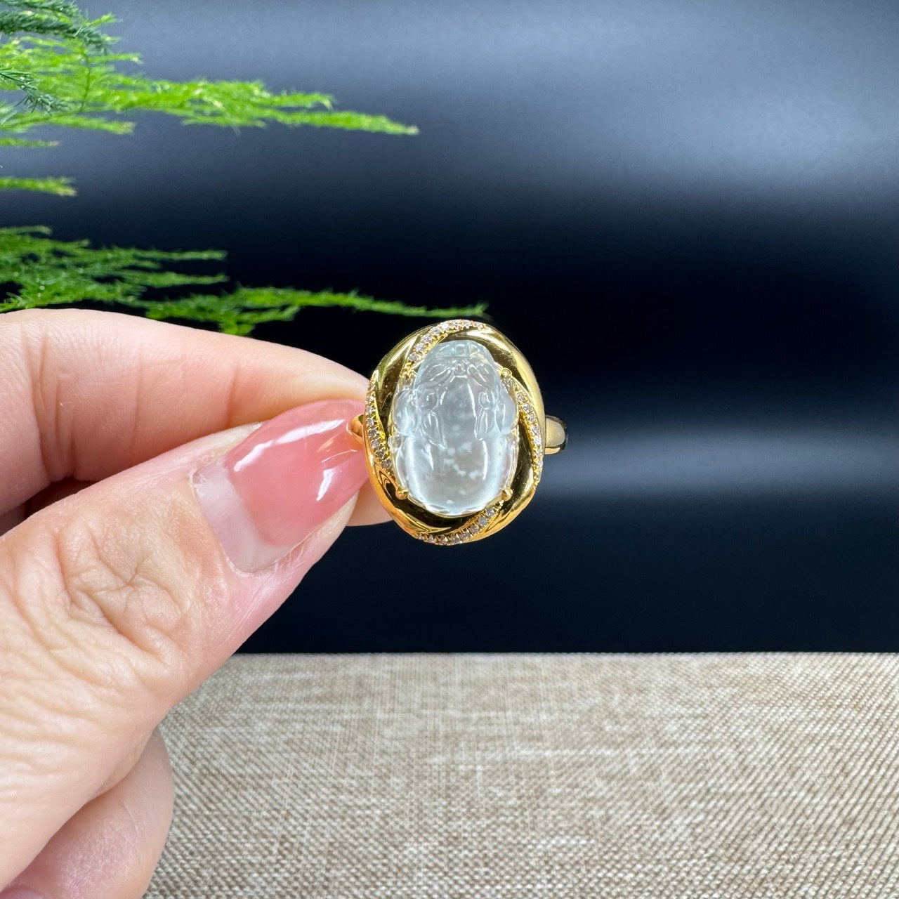 RealJade®  18K Yellow Gold Icy Jadeite Jade Diamonds  PiXiu Ring