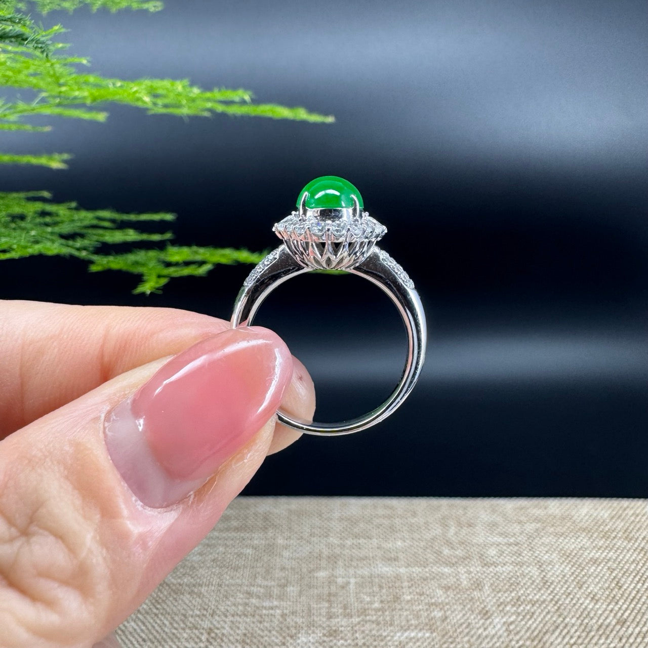 RealJade® "Amelie" 18k White Gold Natural Imperial Green Jadeite Engagement Ring With Diamonds