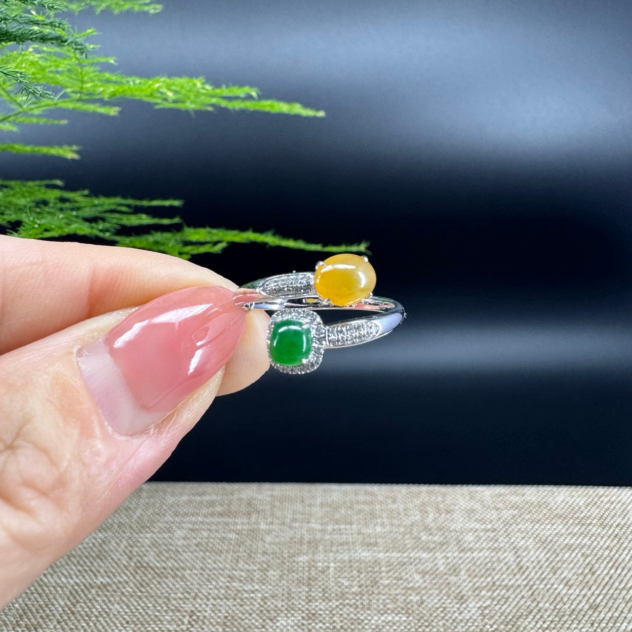 RealJade® "Elora" 18k White Gold Natural Ice Double Color Jadeite Engagement Ring