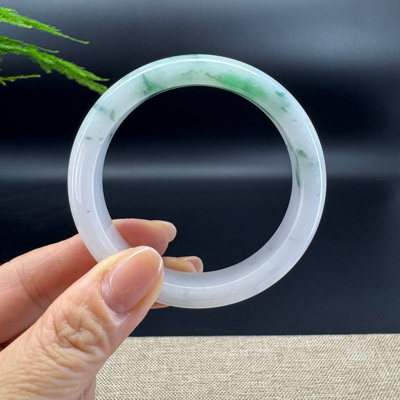 Genuine Burmese White Green Flower Jade Jadeite Bangle Bracelet ( 55.3mm )