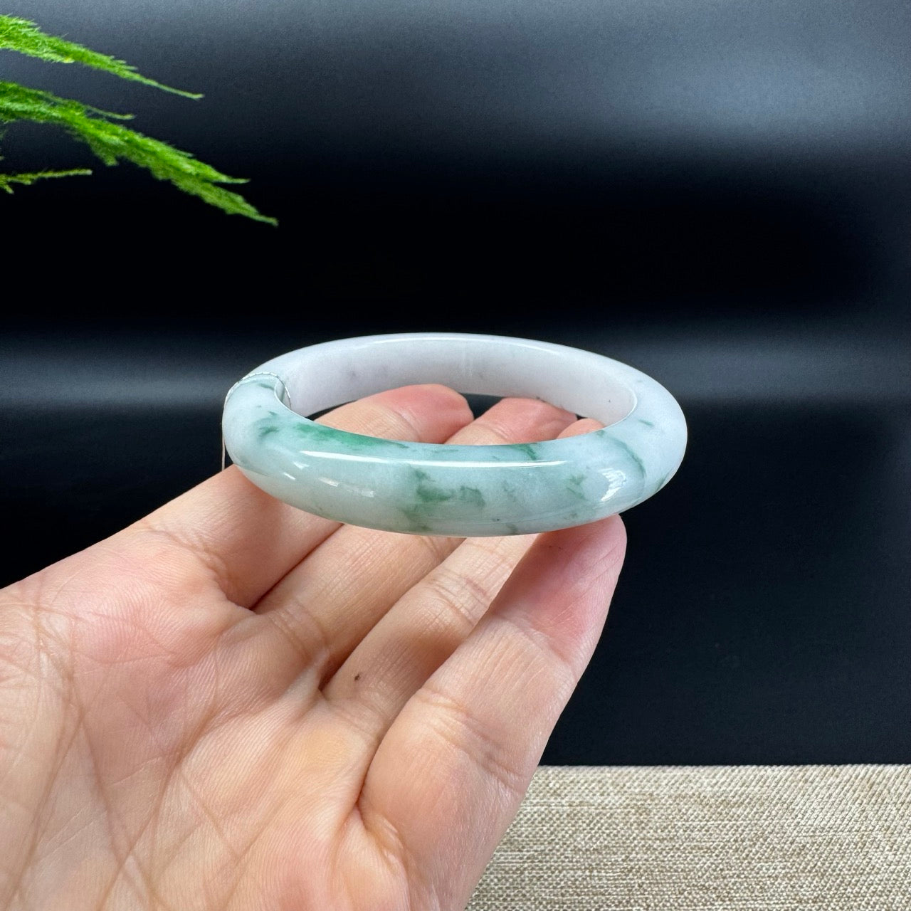 Genuine Burmese White Green Flower Jade Jadeite Bangle Bracelet ( 55.3mm )