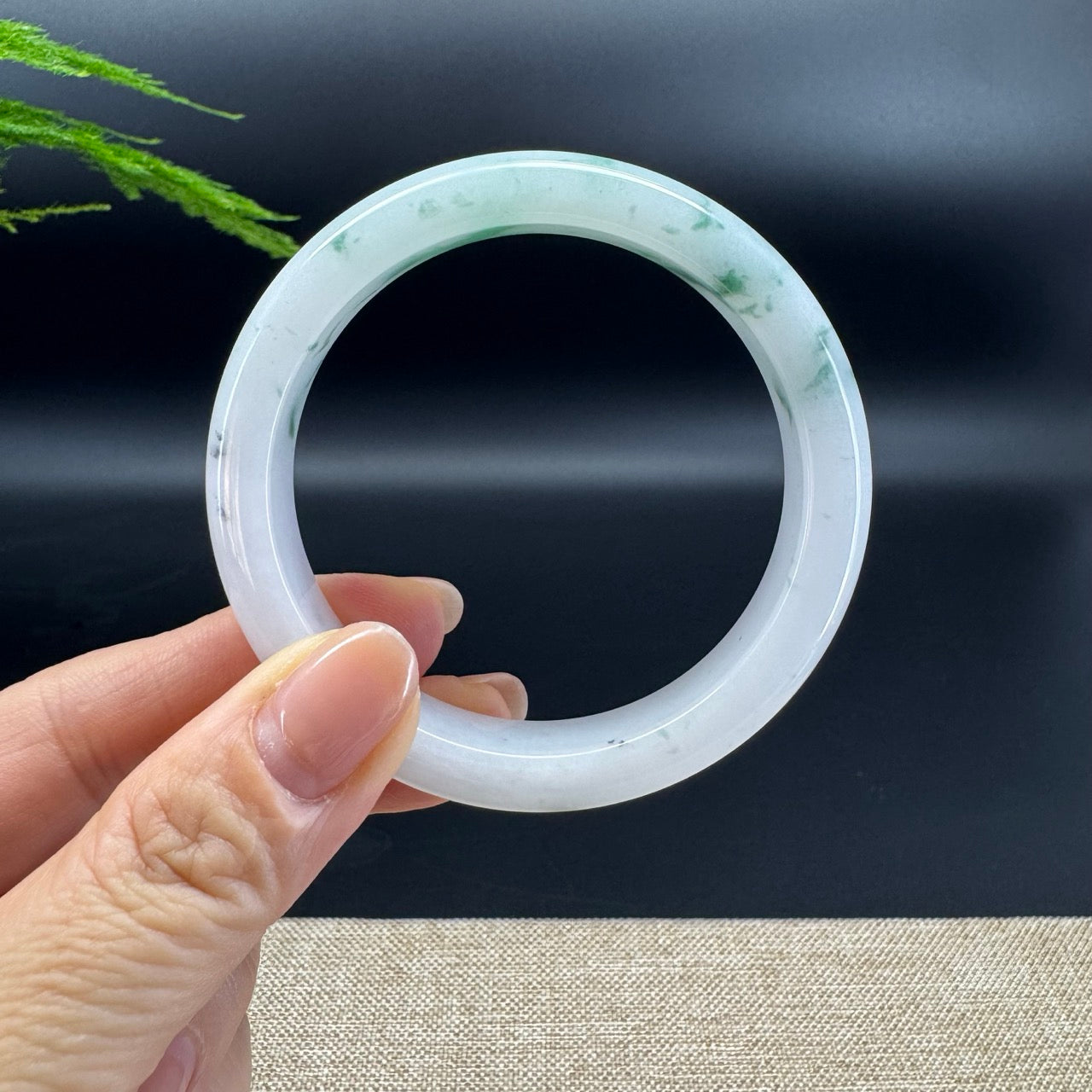 Genuine Burmese White Green Flower Jade Jadeite Bangle Bracelet ( 55.3mm )