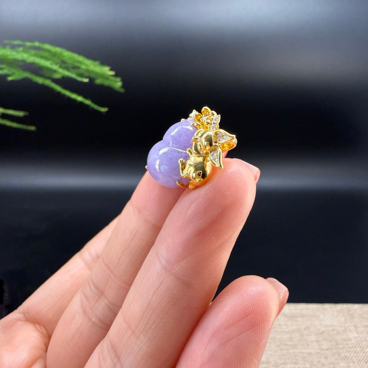 Genuine Lavender Jadeite Jade Good Luck Hulu Necklace With 18K Yellow Gold Diamonds Bail