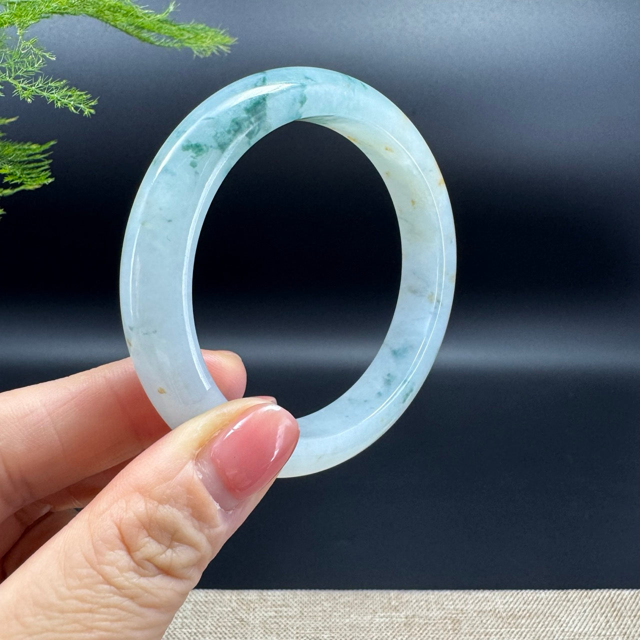 Genuine Burmese Icy Blue Flower Jadeite Jade Bangle Bracelet (57.3mm)
