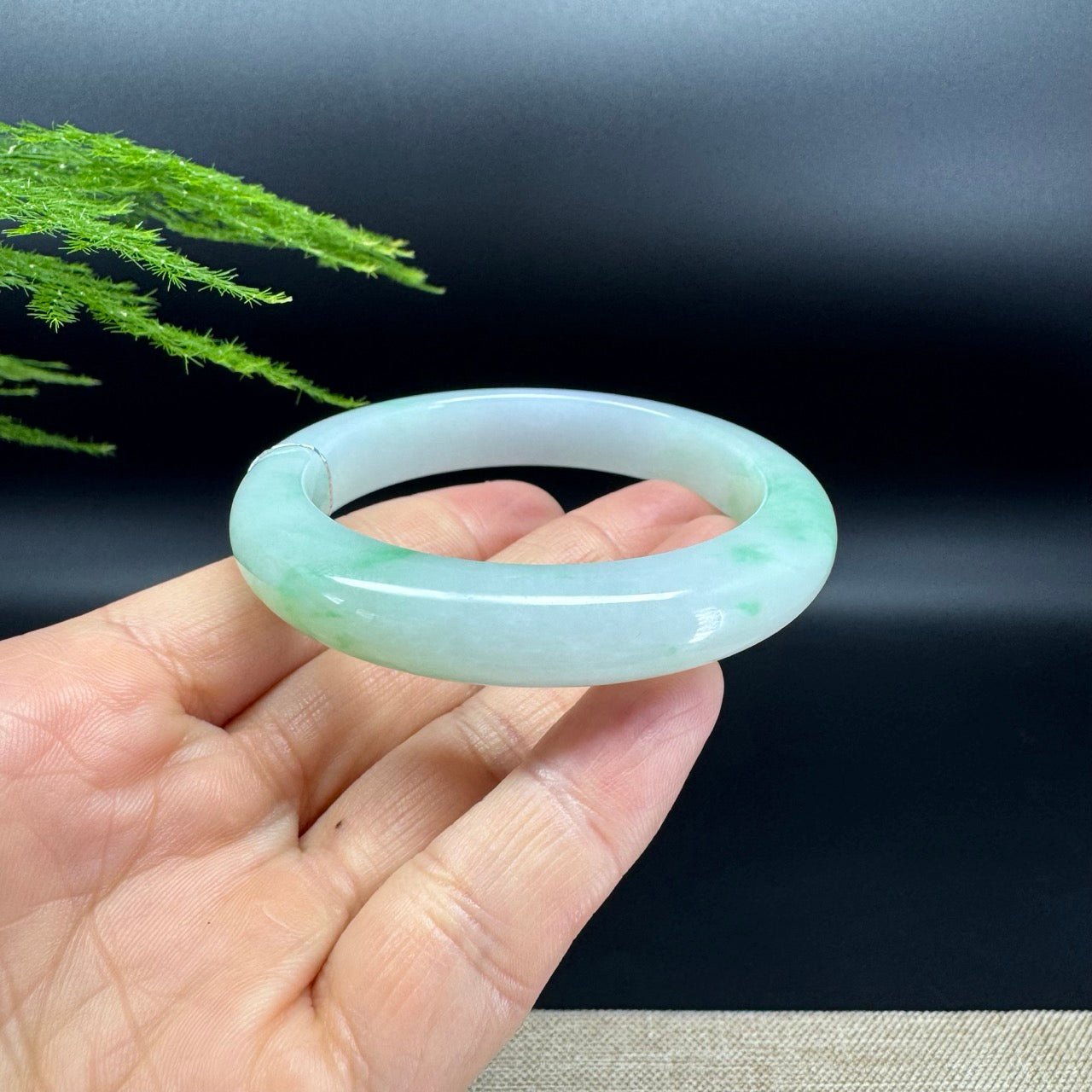 Genuine Burmese Icy White Green(BDQ) Jadeite Jade Bangle Bracelet ( 54.2mm )