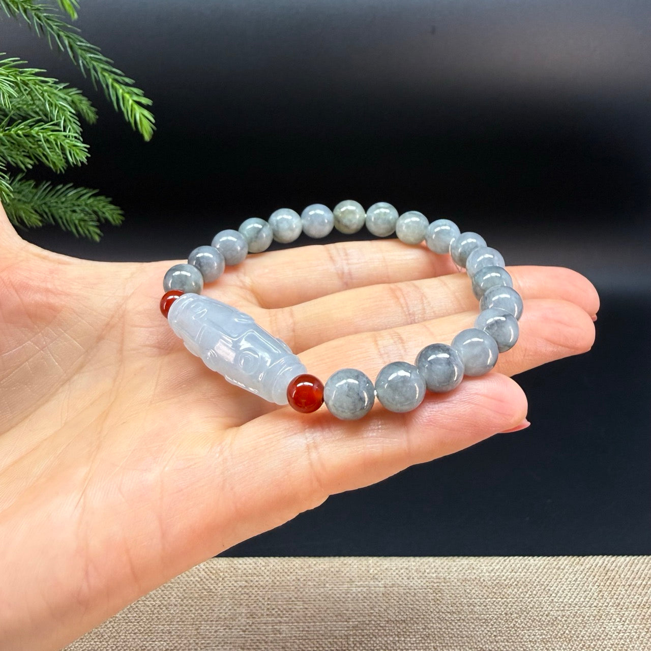 RealJade® Co. Genuine Jadeite Jade Round Icy Wuji Dzi Beads Bracelet (8mm)