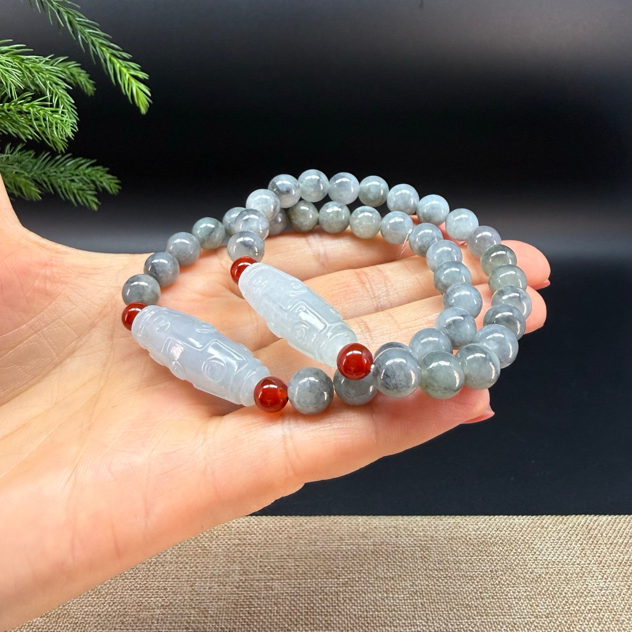 RealJade® Co. Genuine Jadeite Jade Round Icy Wuji Dzi Beads Bracelet (8mm)