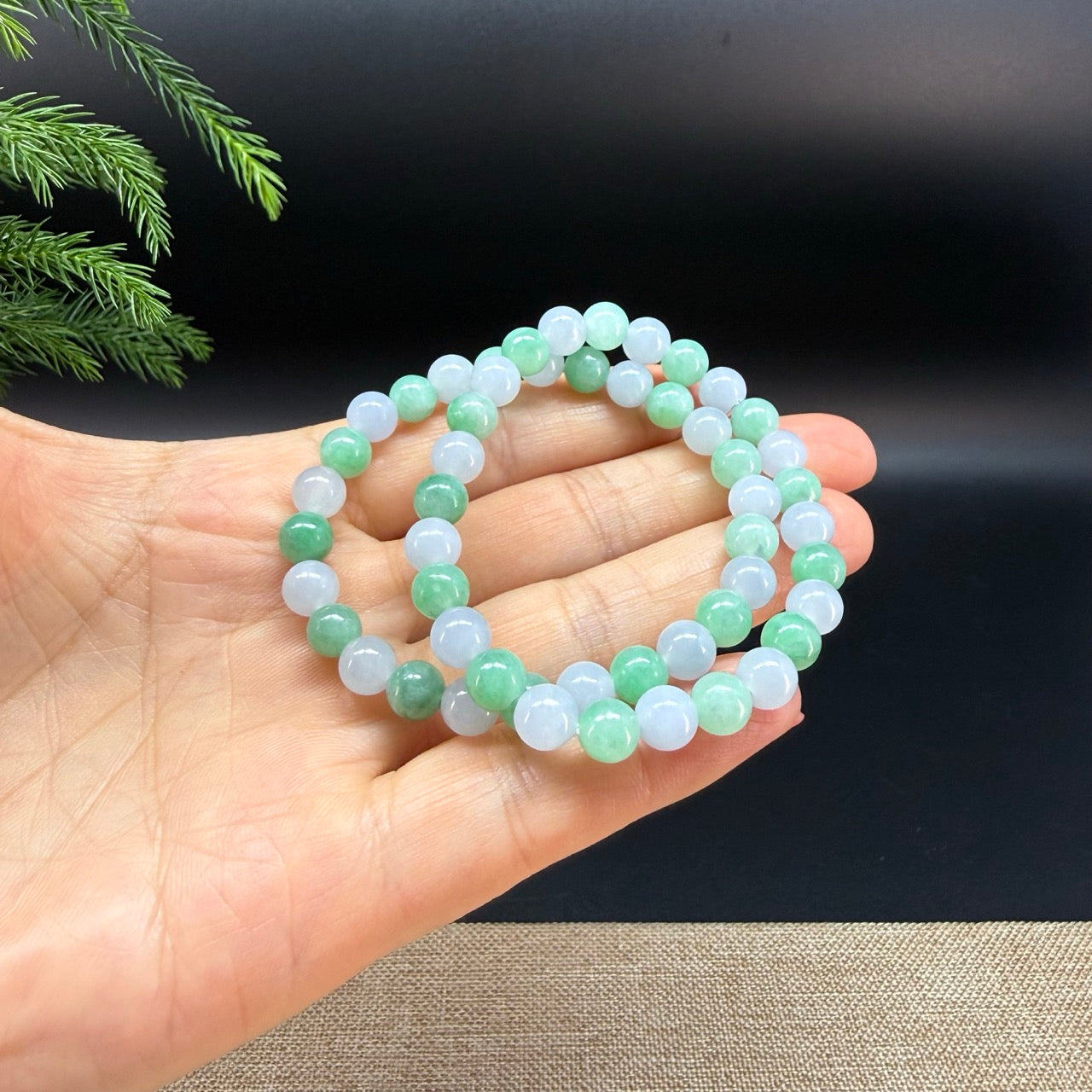 RealJade® Co. Genuine Jadeite Jade Round White Green  Beads Bracelet (6.9mm)