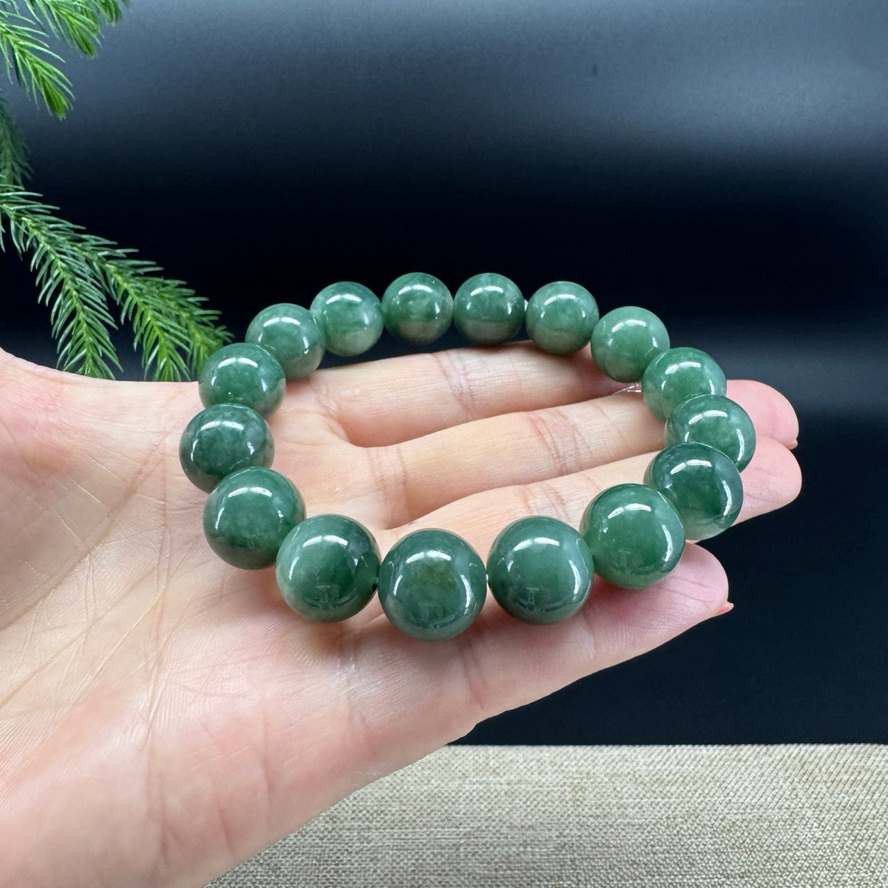 RealJade® Genuine Jadeite Jade Round Forest Green Beads Bracelet ( 12.5 mm )
