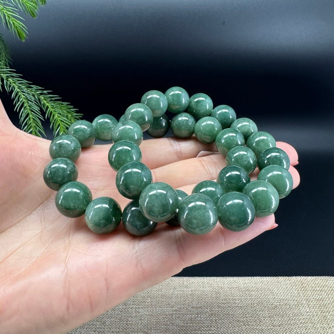RealJade® Genuine Jadeite Jade Round Forest Green Beads Bracelet ( 12.5 mm )