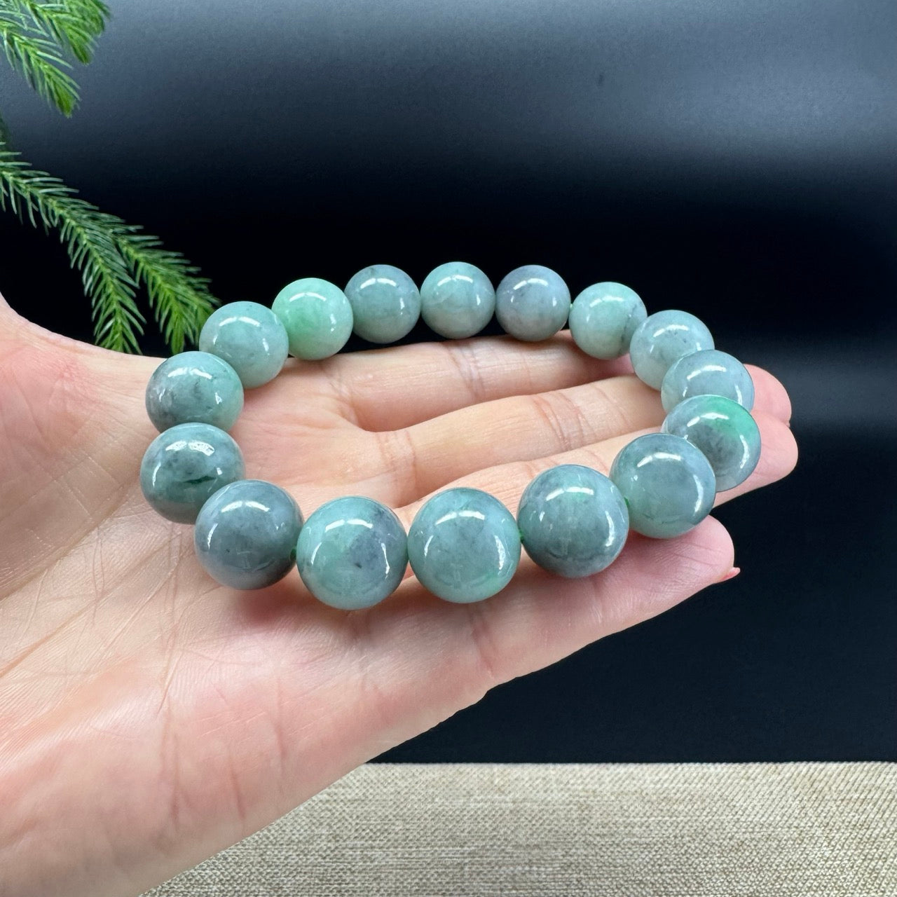 RealJade® Genuine Jadeite Jade Round Light Wuji & Green Beads Bracelet ( 13.5mm )