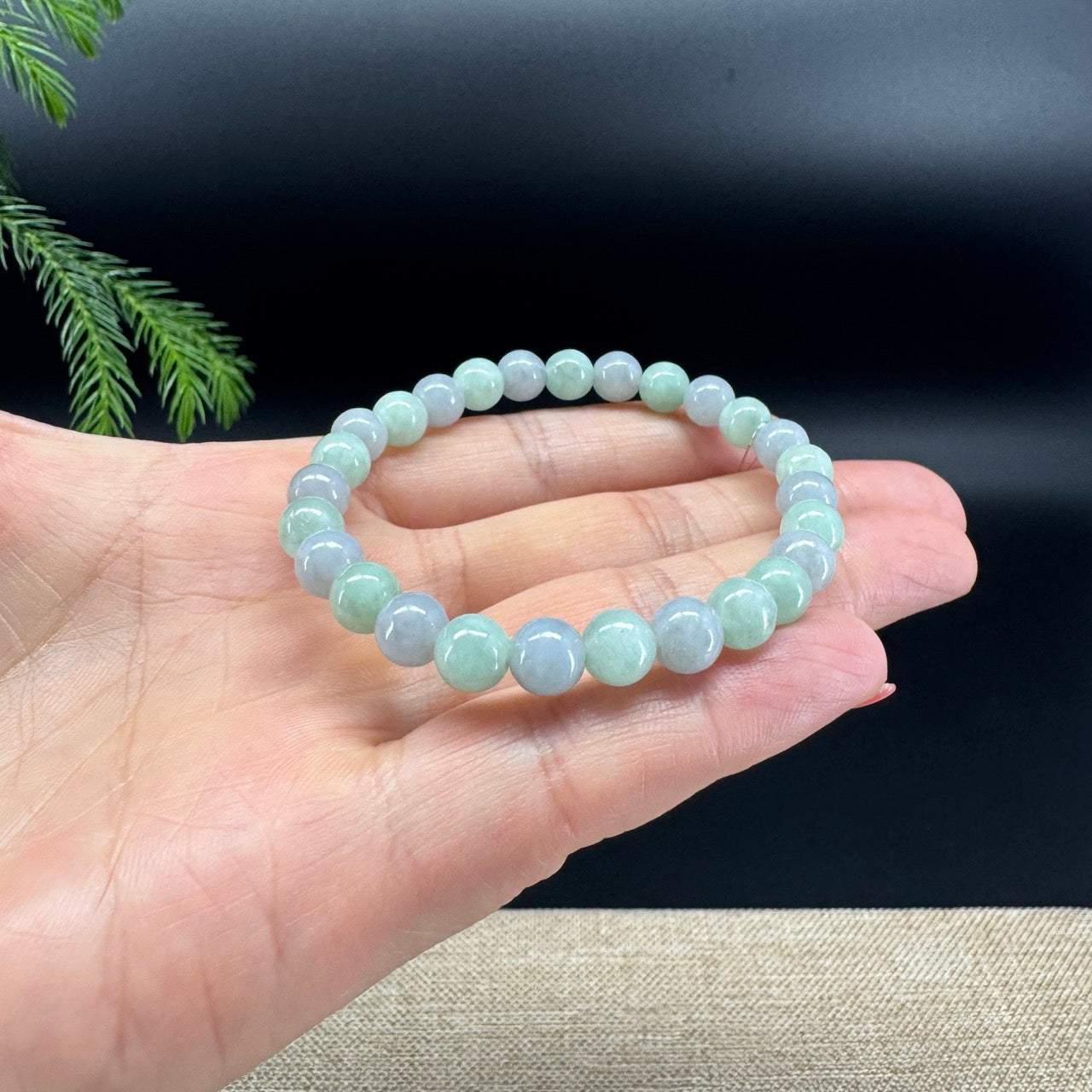 RealJade® Co. Genuine Jadeite Jade Round Light Lavender & Green Beads Bracelet (6.8mm)
