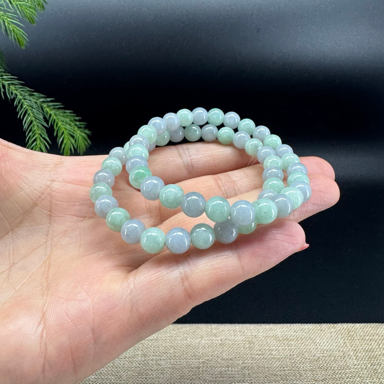 RealJade® Co. Genuine Jadeite Jade Round Light Lavender & Green Beads Bracelet (6.8mm)
