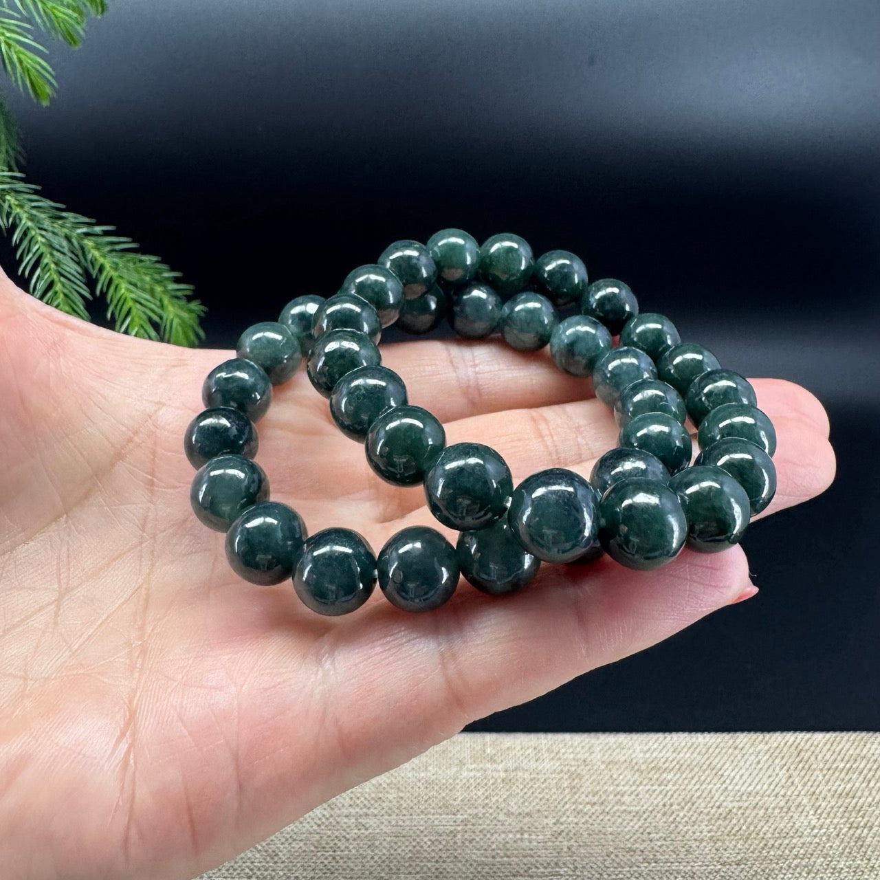 RealJade® Genuine Jadeite Jade Round Dark Forest Green Beads Bracelet ( 10mm )