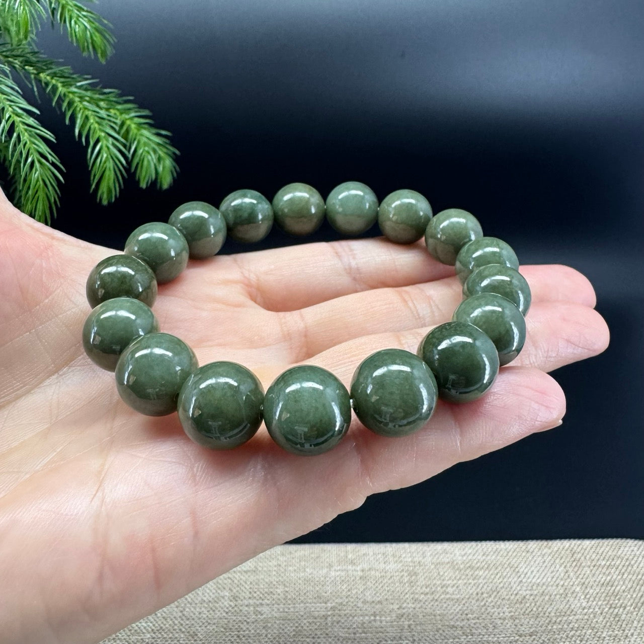 RealJade® Genuine Jadeite Jade Round Forest Green Beads Bracelet ( 12.5 mm )