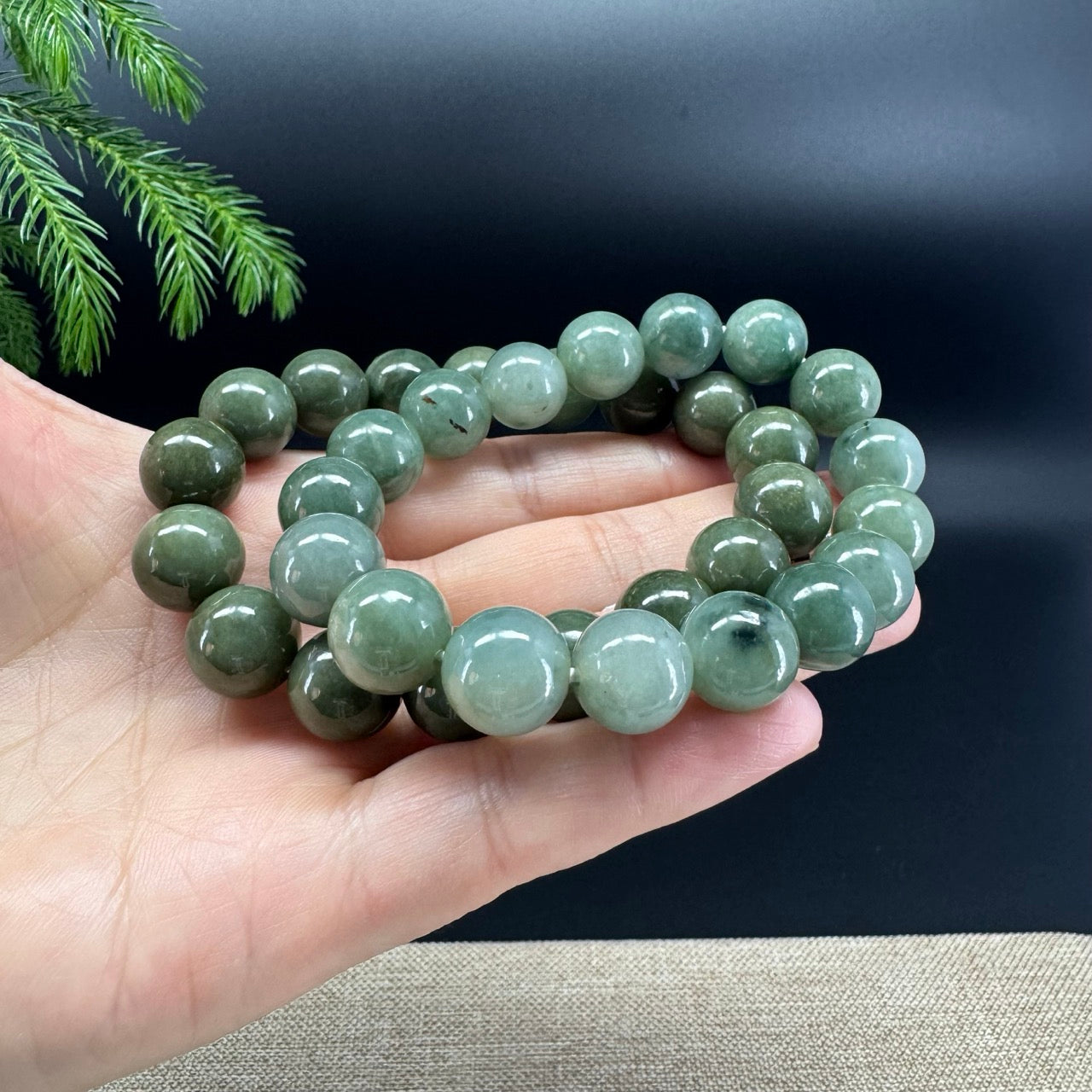 RealJade® Genuine Jadeite Jade Round Forest Green Beads Bracelet ( 12.5 mm )