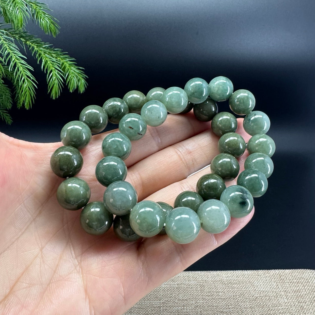 RealJade® Genuine Jadeite Jade Round Forest Green Beads Bracelet ( 12.5 mm )