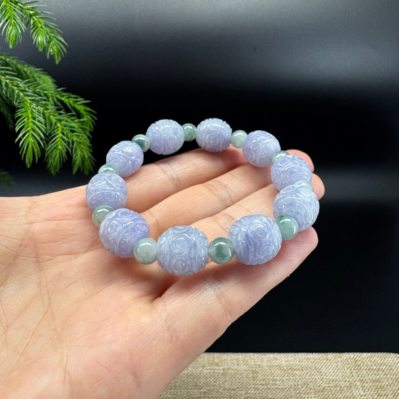 RealJade® Co. Genuine Lavender Jadeite Jade Carved Beads Bracelet (12mm)