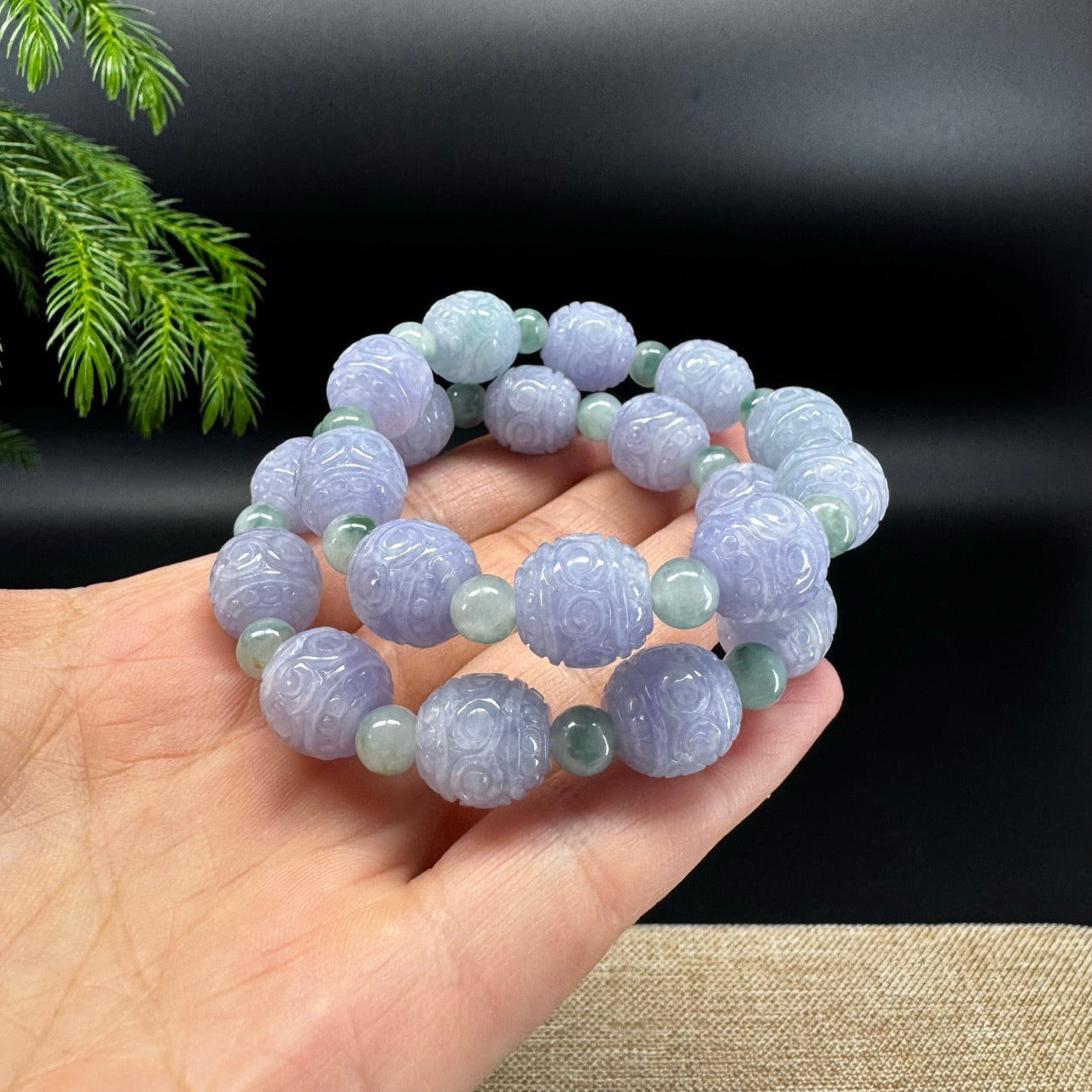 RealJade® Co. Genuine Lavender Jadeite Jade Carved Beads Bracelet (12mm)